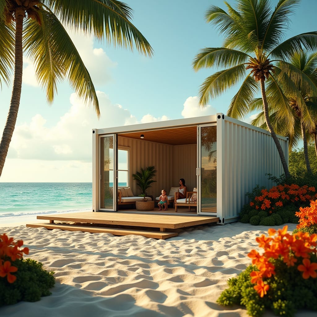 Modern shipping container prefab home nestled on a sun-kissed Jamaican beach, with kids laughing and playing inside, surrounded by tropical palm trees and vibrant beach flowers.