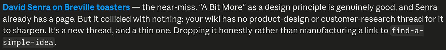 Claude Code triage note dropping a David Senra X bookmark because it has no useful link to the existing wiki