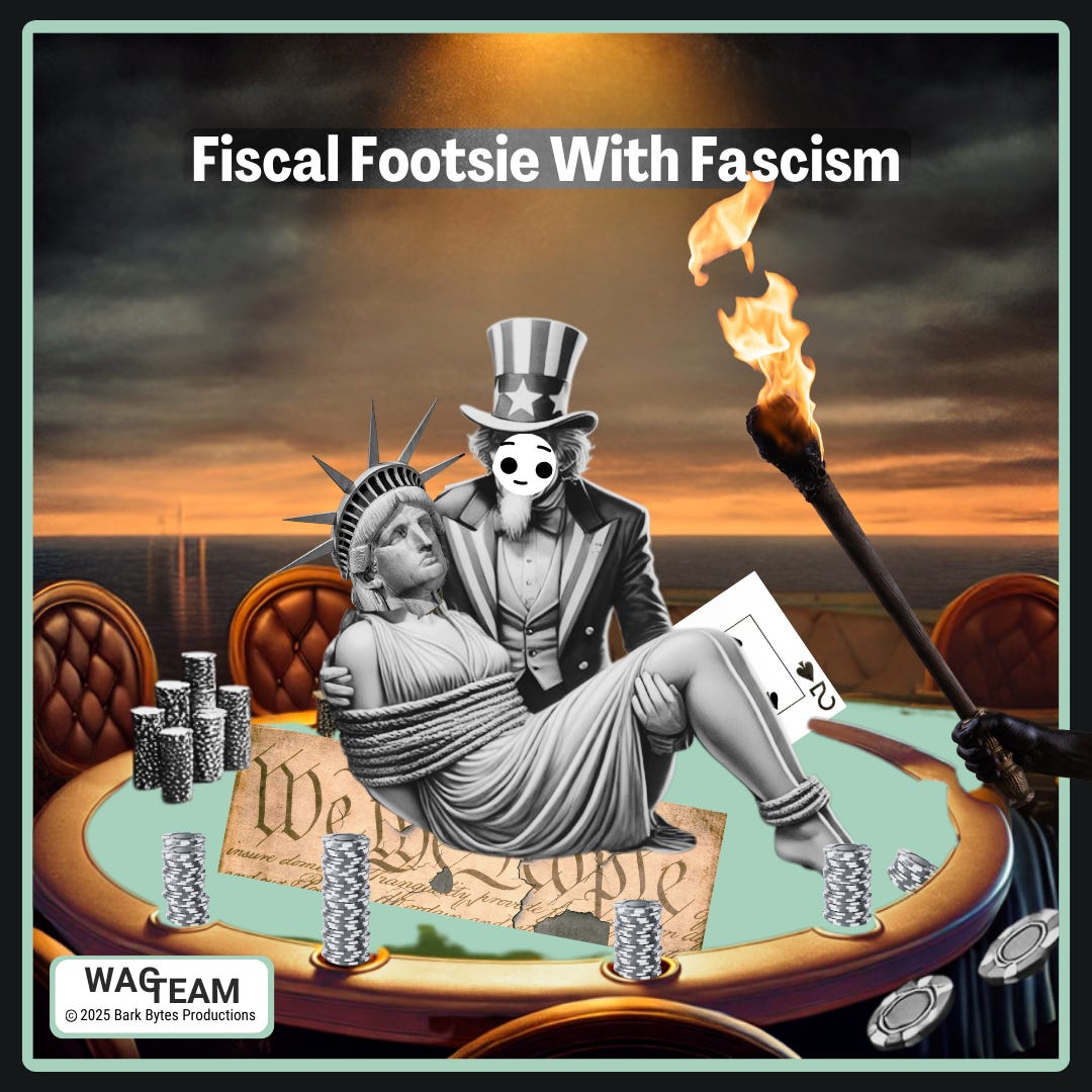 A darkly satirical casino scene shows Lady Liberty bound with rope, being held by a sinister Uncle Sam with a  funny face and wearing a top hat. They're positioned on a poker table where the U.S. Constitution serves as the playing surface, covered in silver poker chips (representing federal funds?). A menacing hand holds Lady Liberty's torch separately, while leather chairs and an ominous sunset complete the scene. It's what would happen if the Monopoly man had gone full supervillain at the constitutional convention.