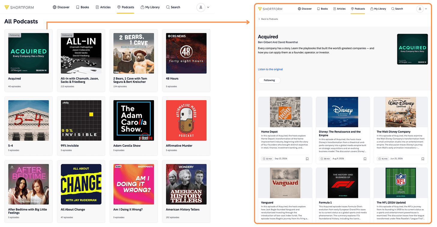 Shortform’s Podcasts (desktop view + light mode) Shortform’s Podcasts (desktop view + light mode)