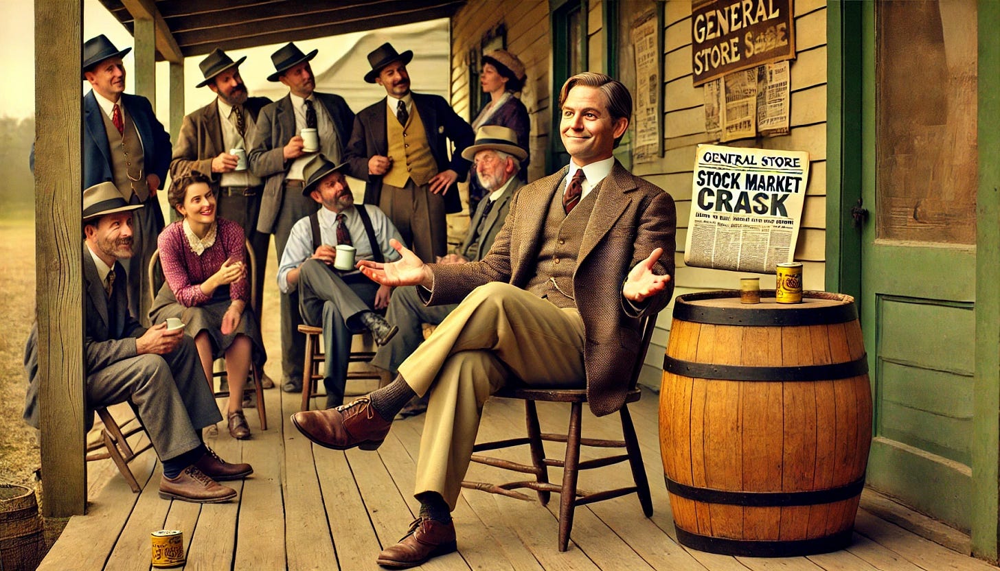 A confident, middle-aged man sitting on a general store porch beside a large wooden cracker barrel. He has a smug expression and is gesturing with authority as he explains something to a group of people gathered around him, listening intently. The group has mixed reactions, some exchanging amused or bewildered glances. In the background, a newspaper with headlines about a stock market crash is barely noticeable on the porch, reflecting the man's obliviousness to the event. The scene has a warm and slightly humorous tone, highlighting the man’s oblivion to his mistakes.