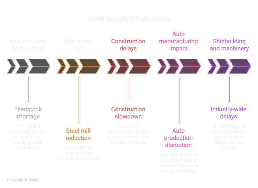 Steel supply chain crisis flowchart showing feedstock shortage through industry-wide delays