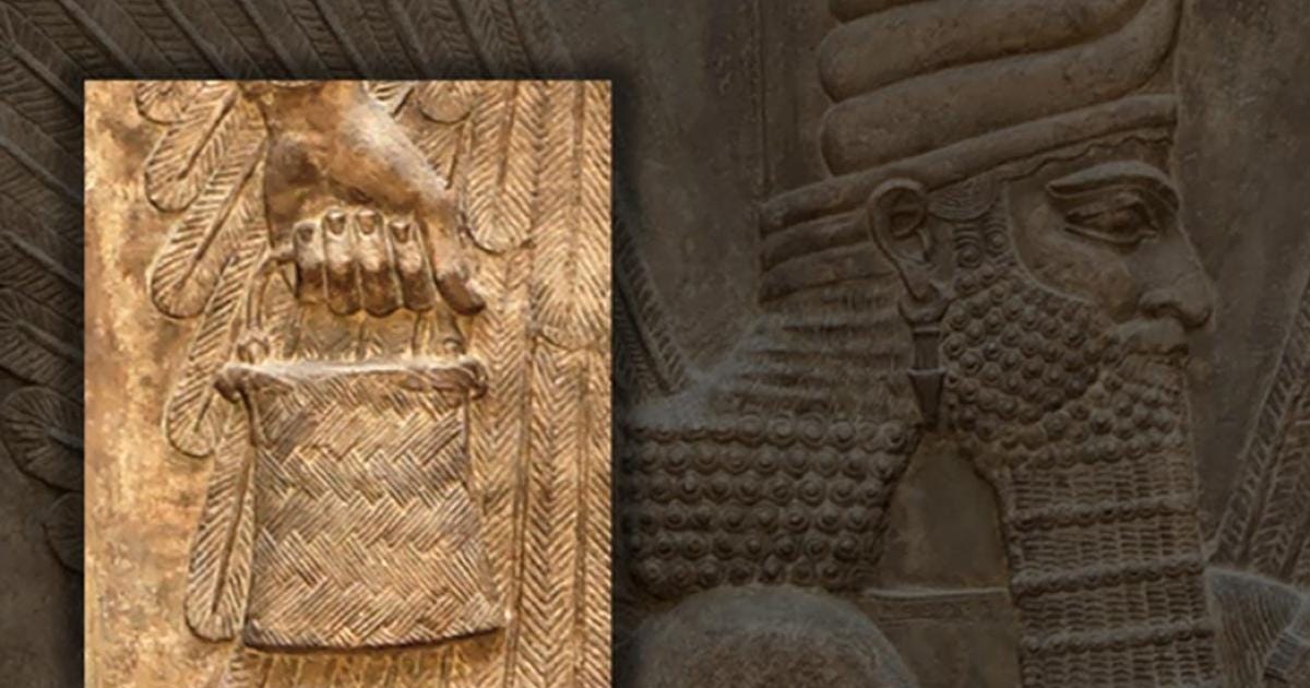 Inset; Bucket/ banduddû from the north wall of the Palace of king Sargon II, and a four-winged genie in the Bucket and cone motif. 