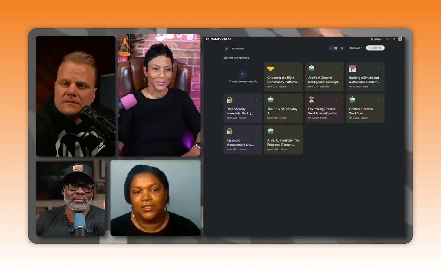 Crisp screenshot of NotebookLM recent notebooks grid on the right and four panelists in video tiles on the left.
