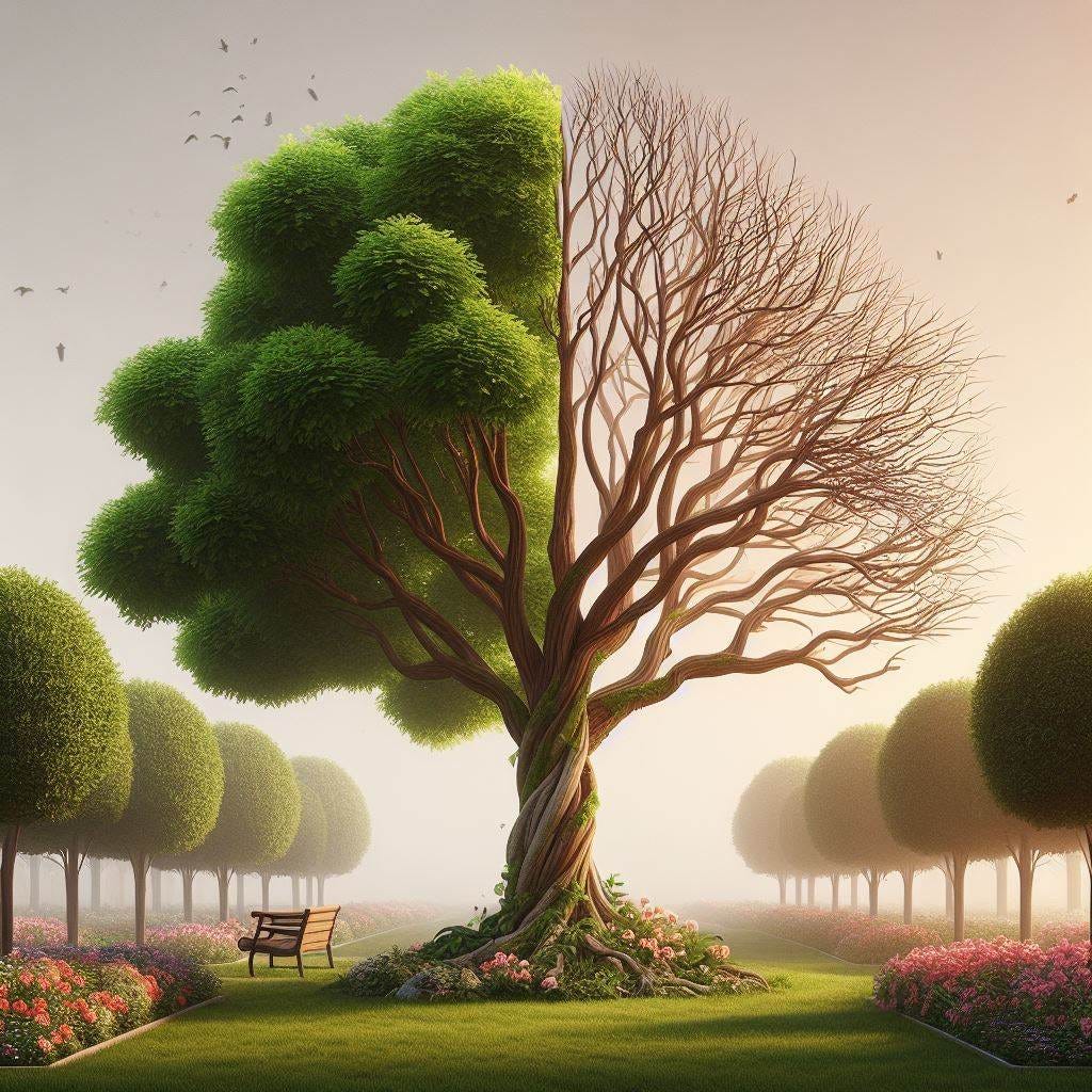 two trees where one is healthy and one is sick
