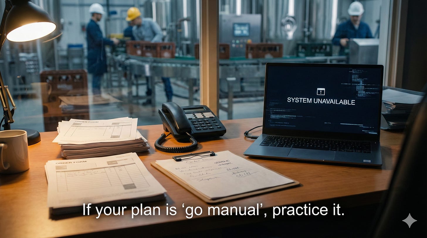 Office desk with paper forms and a laptop showing an error, symbolising manual workarounds after a cyberattack.