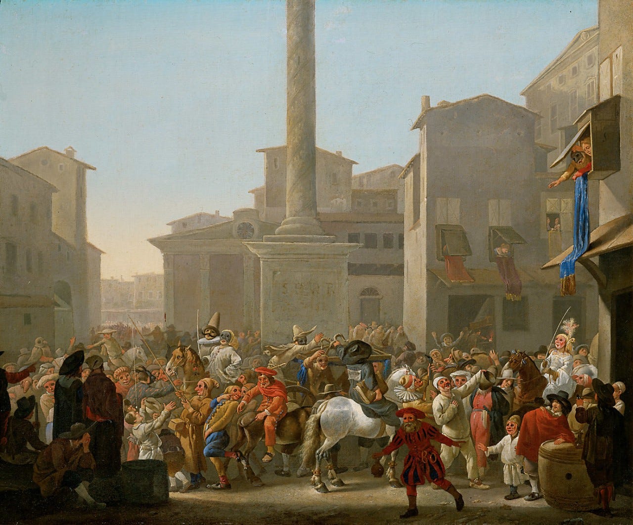 Masked carnival crowd around a wagon of comic actors in a Roman square, with a tall ancient column behind Masked carnival crowd around a wagon of comic actors in a Roman square, with a tall ancient column behind