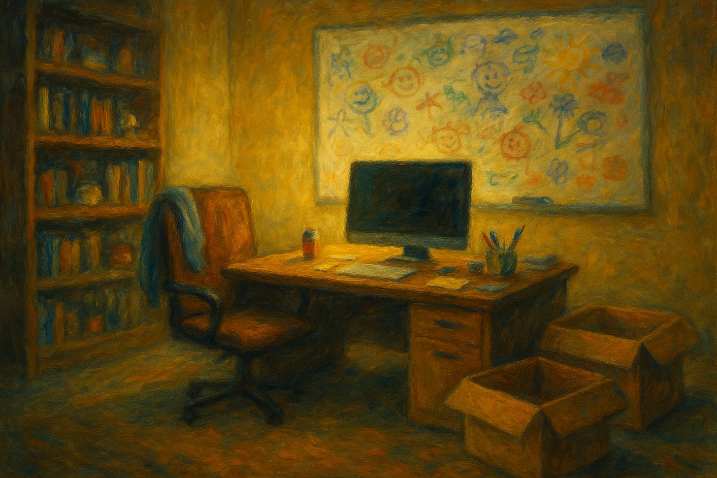 A surreal oil painting of a warm, lived-in office bathed in soft golden light. A desktop computer monitor sits at the center of a cluttered desk alongside scattered papers, pens, and a half-finished soda. A sweater hangs over the back of a cushioned chair, and open cardboard boxes rest on the floor, waiting to be filled. A bookshelf lined with books and keepsakes stands to the side. On the wall, a large whiteboard covered in colorful, blurred doodles adds a playful, human touch. The scene feels tender and frozen in time, as if its owner stepped out moments before and never returned.