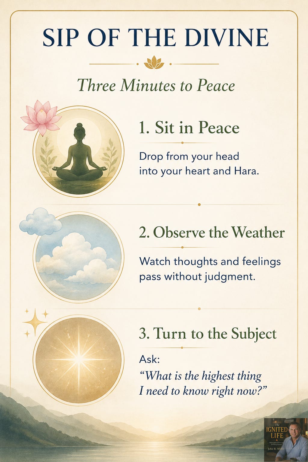 A serene visual guide to a three-minute contemplative practice that moves from embodied stillness to nonjudgmental awareness and, finally, to listening for inner wisdom.
