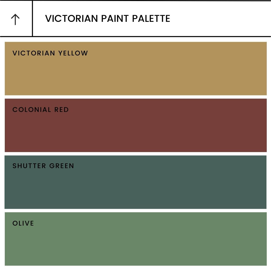 Paint swatches of four colors: Victorian yellow, colonial red, shutter green, and olive.