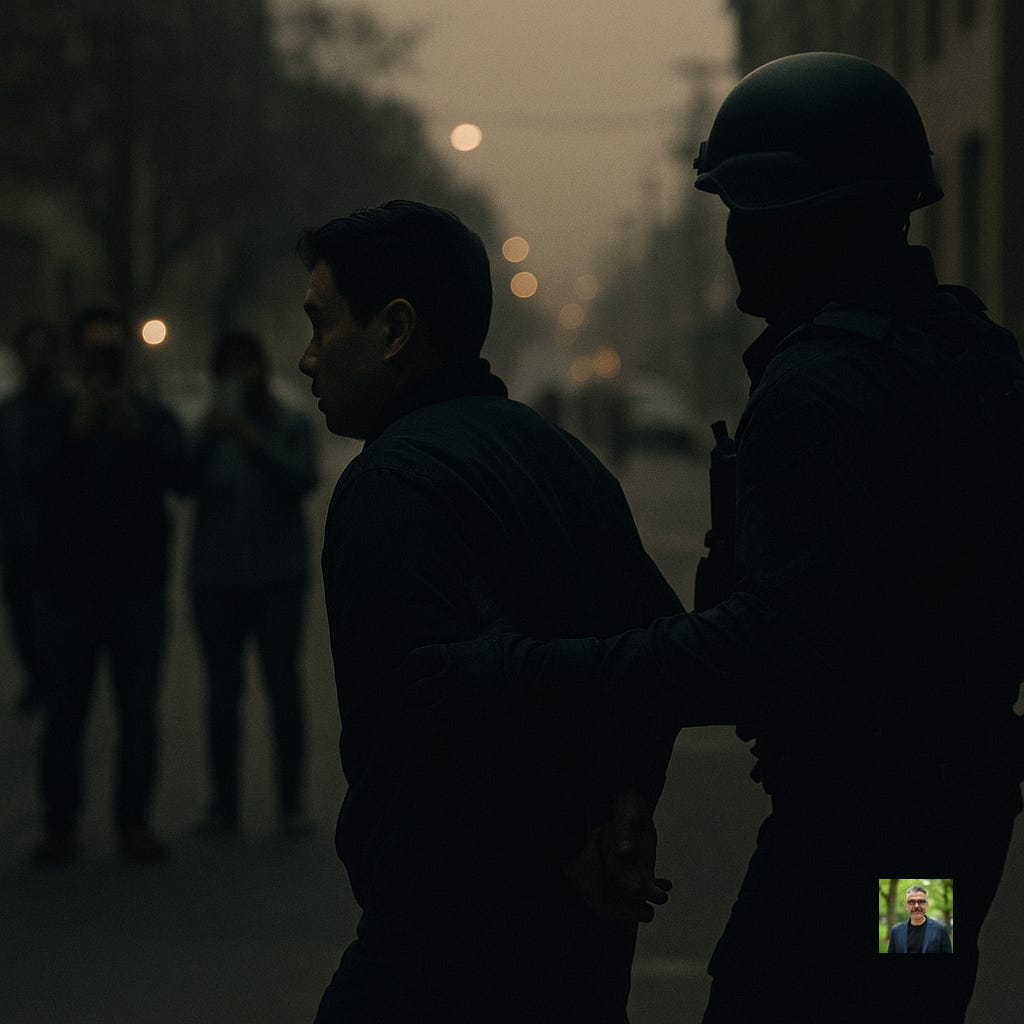 Silhouetted figure being detained by a masked officer in paramilitary gear, surrounded by onlookers recording the scene with smartphones. The image evokes themes of surveillance, fear, and blurred lines in immigration enforcement.