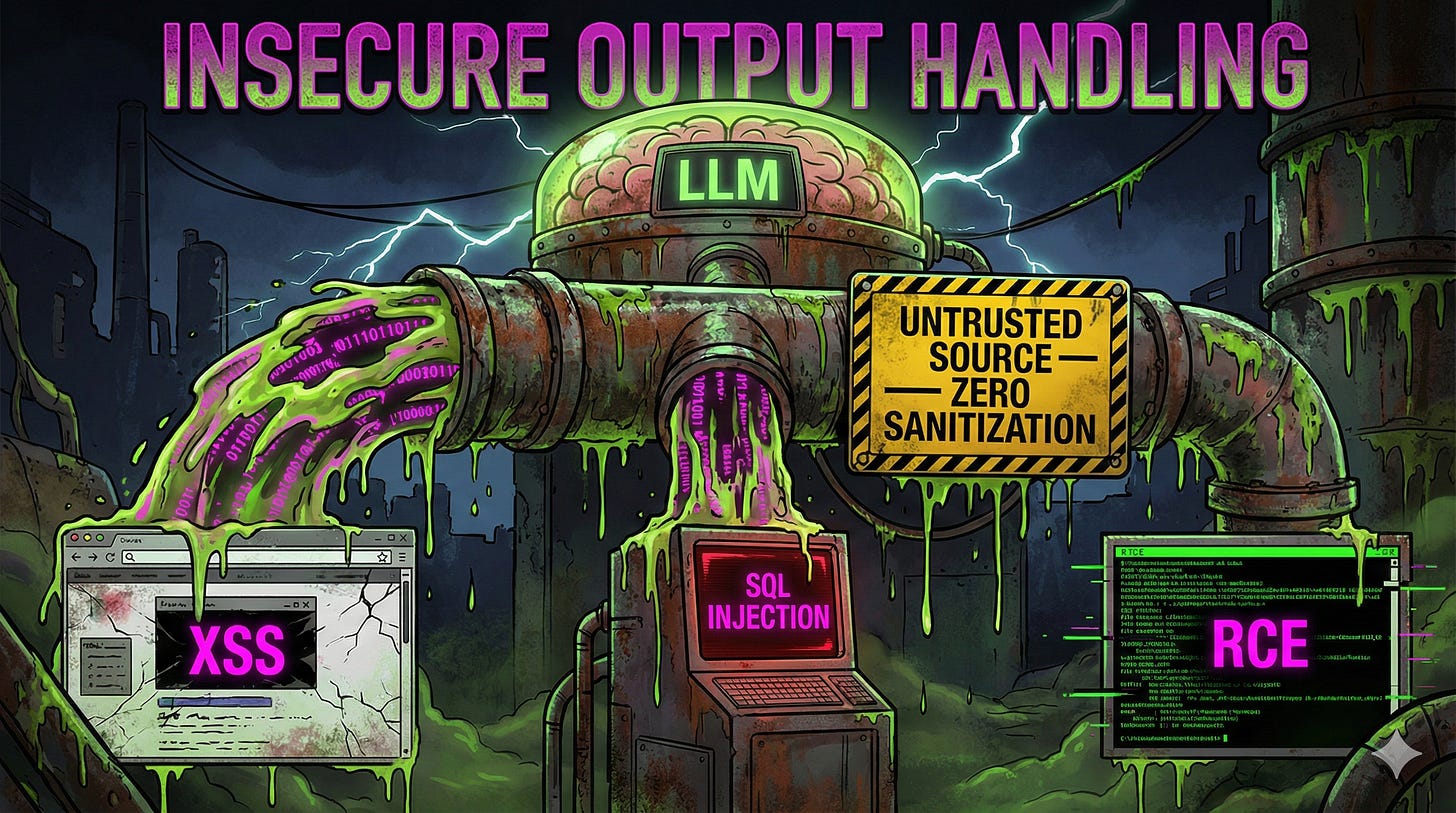Insecure LLM output handling enables XSS, CSRF, and RCE when applications trust model responses without sanitization