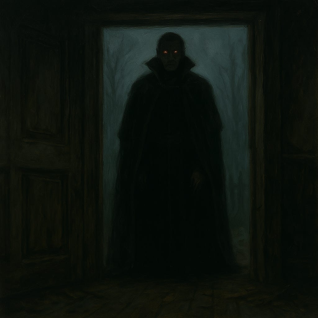 Strahd standing in the doorway of the Burgomaster's mansion seen from inside, wreathed in shadows and eyes glowing red