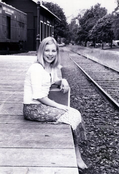 L to R: Alexandria at the train depot, Alexandria and Amelia headshot, Amelia at the train depot carrying a little suitcase,,Amelia and Alexandria headshot, Alexandria and Amelia in a field outside, Amelia and Alexandria head shot 
