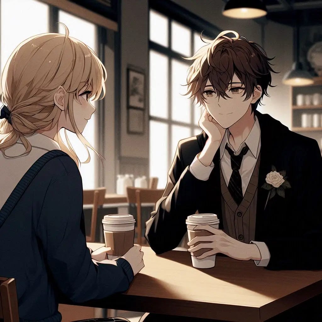 a young man with brown hair sitting in a cafe drinking coffee across from his blonde date who is also drinking coffee in the morning. Anime art style dark.