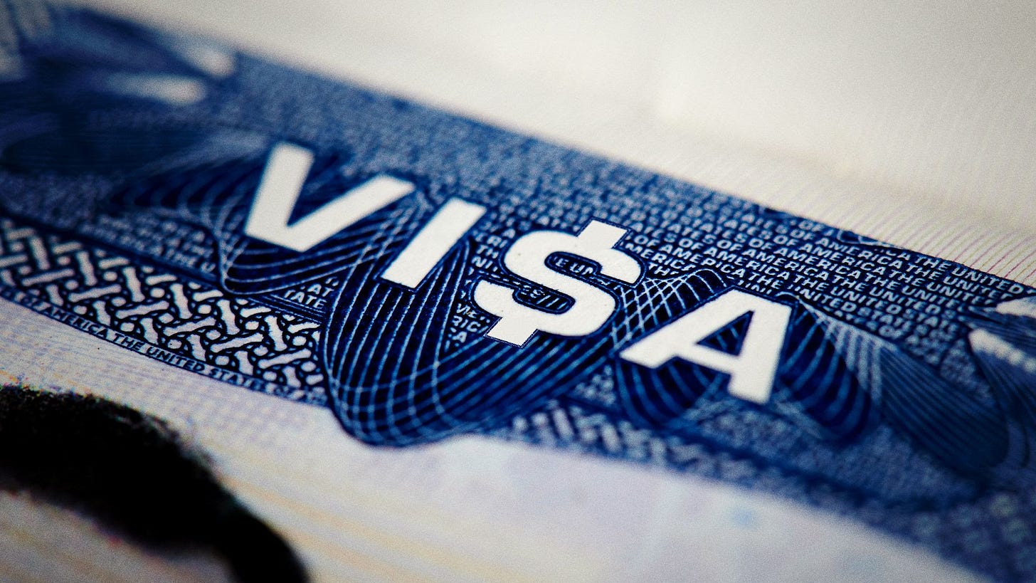 Illustration of an American Visa inside a passport, but the S is replaced with a dollar sign. 