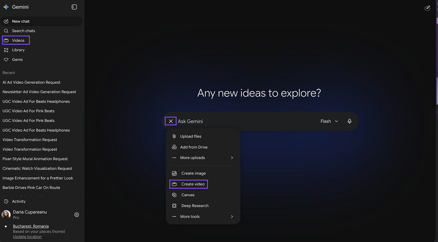 Screenshot of the Gemini interface showing how to access Gemini Omni’s video generation feature. The sidebar highlights the “Videos” section, while the upload menu highlights the “Create video” option inside Gemini. The interface also displays previous AI video generation projects and prompts in the chat history.