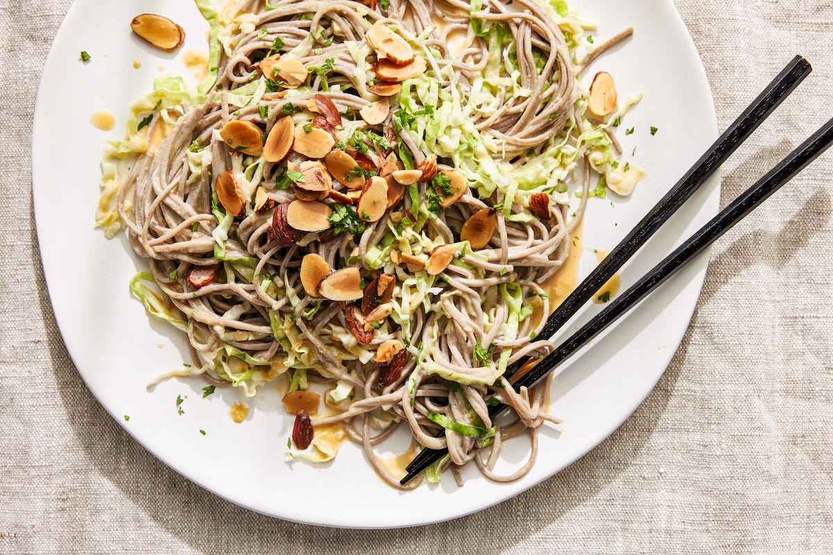 Soba Noodles with Cabbage and Fried Almonds, Joe Yonan, Mastering the Art of Plant-Based Cooking, Ten Speed Press, Penguin Random House, photo copyright Erin Scott