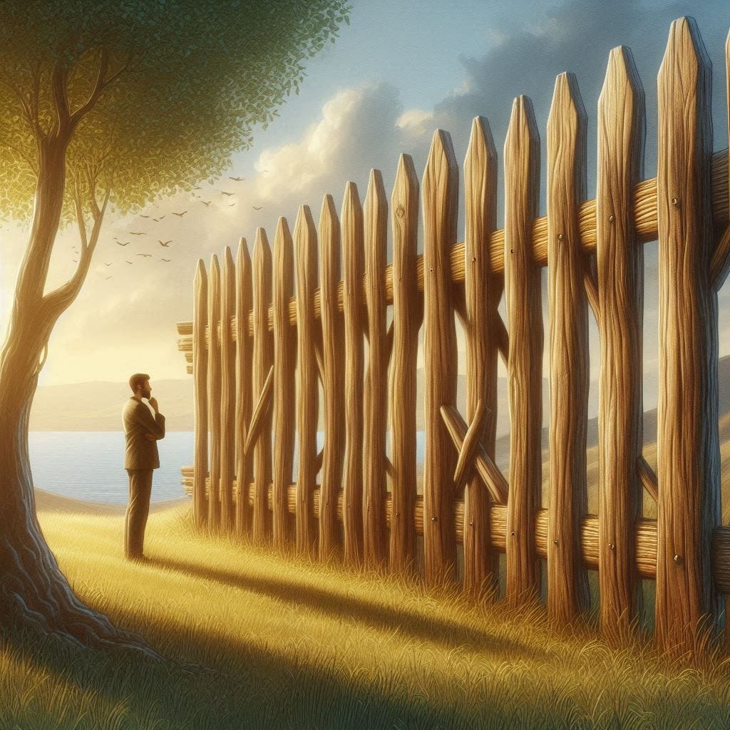 A metaphorical representation of G.K. Chesterton's Fence Parable, featuring a rustic wooden fence in a serene countryside setting, with a thoughtful person standing beside it, contemplating its purpose and significance.