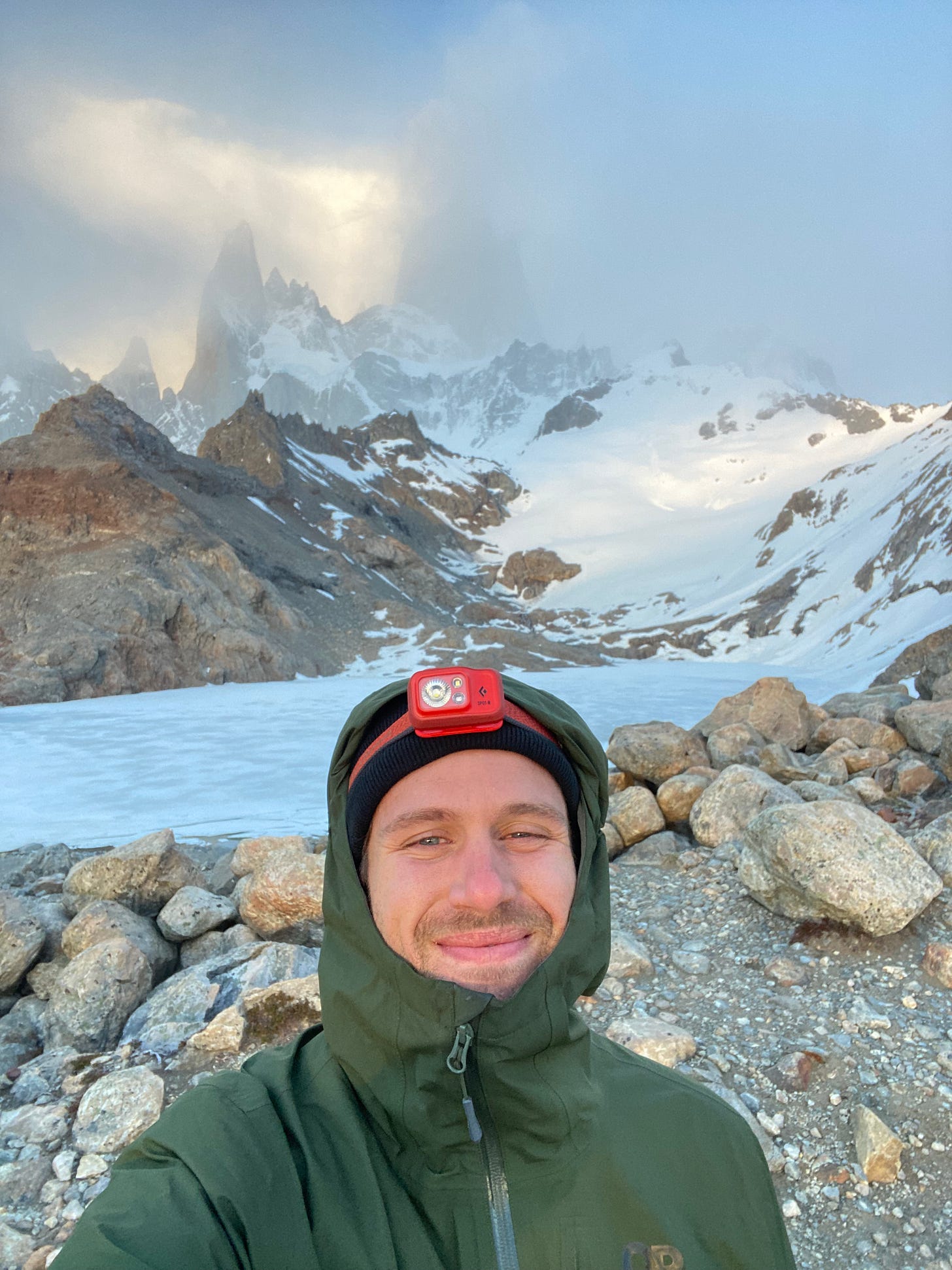 Selfie with El Chalten peaks in the background.