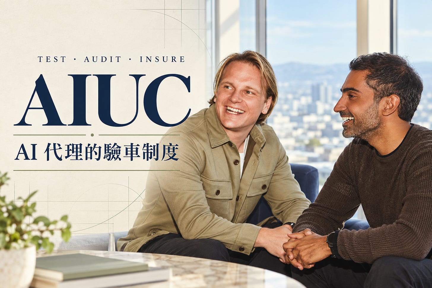 AIUC：AI 代理的驗車制度。以共同創辦人 Rune Kvist 與 Rajiv Dattani 官方肖像製作的商業雜誌風 AI 合成首圖。