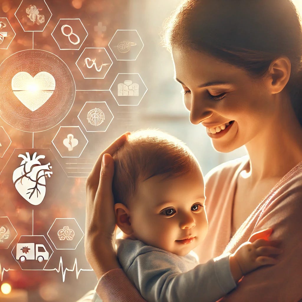 A hopeful image representing maternal and child health, focusing on the positive impact of maternal well-being on child development. The scene features a mother gently embracing her young child in a warm, softly lit environment, symbolizing care and future health. Background hints at healthcare support, with subtle medical symbols like a heart and brain in soft, reassuring tones. Both the mother and child appear relaxed and happy, conveying nurturing and wellness. The style is realistic and warm, evoking a sense of optimism for better health outcomes.