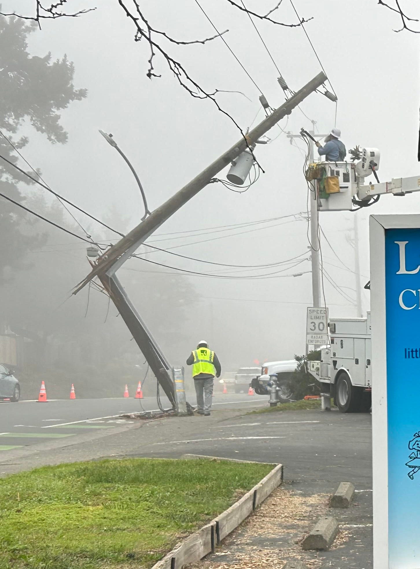 Single car accident snaps power pole and takes down powerlines on 116