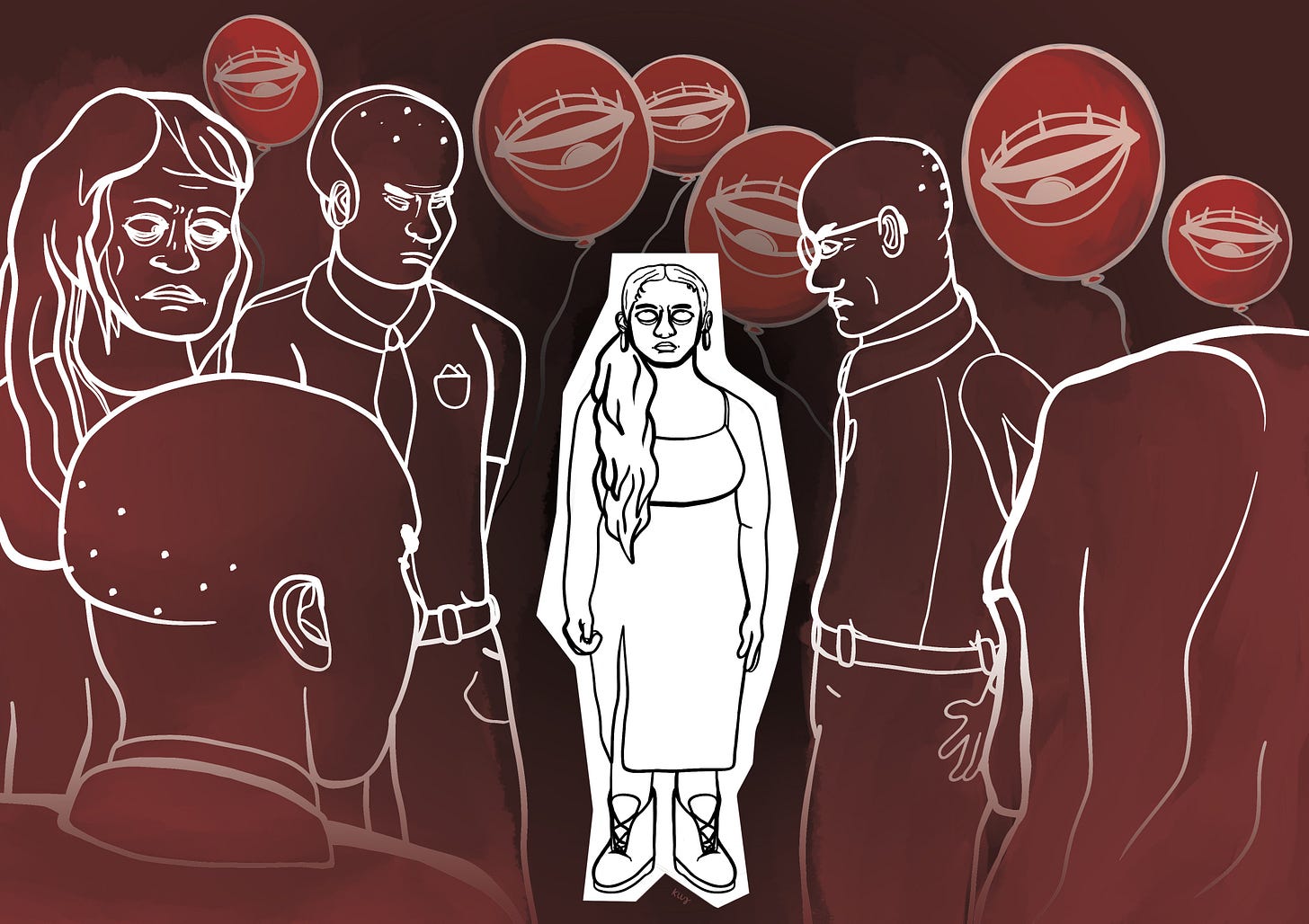 A deep red illustration with a cutout of a young woman rolling her eyes in the center. Around her are the outlines of older adults, symbolizing administrators. Red balloons with eyes inside of them float around, watching her.