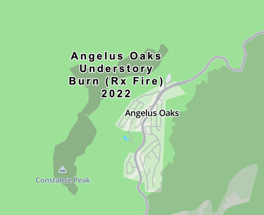A map view of the area around Angelus Oaks, showing that prescribed fires were conducted nearby A map view of the area around Angelus Oaks, showing that prescribed fires were conducted nearby