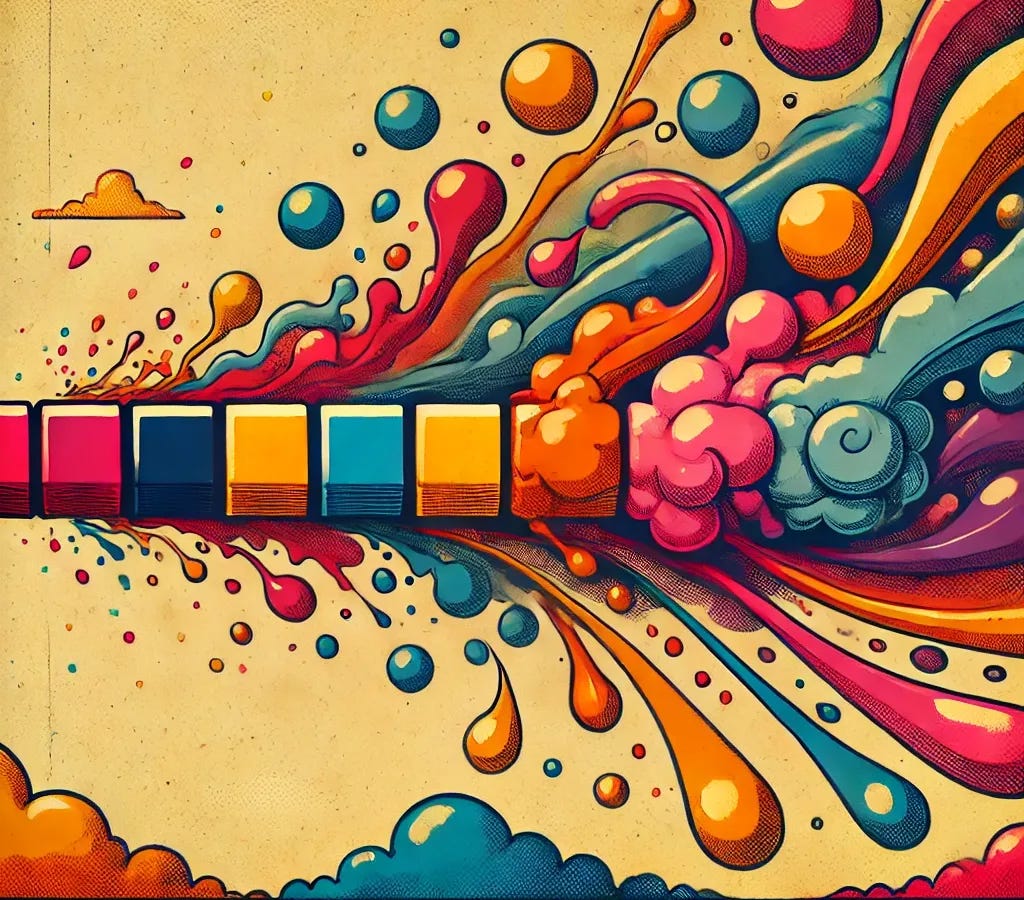 An abstract, colorful illustration with an old-timey, vintage style featuring a row of interconnected thought bubbles or abstract shapes aligned horizontally. The last shape in the row has been sharply cut, appearing severed, and is vividly flying off, leaving trails of vibrant, colorful splashes behind. The scene is stylized and flat, using bold color contrasts, whimsical, retro design elements, and a sense of playful abstraction. The overall tone conveys disruption, creativity, and freedom.