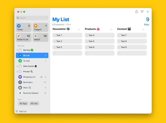 Apple Reminders to-do list displaying organized tasks for newsletter, products, and content creation with column view. Apple Reminders to-do list displaying organized tasks for newsletter, products, and content creation with column view.