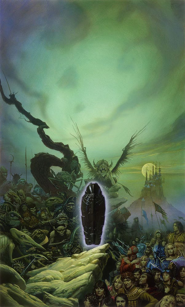 A black metal space sarcophagus crackles with purple energy as it hovers mid air. The surrounding crowd is a motley mix of creatures dominating the painting left while the lower right is occupied by a more colorful throng of humans, some in courtly garb while others are armed and armored. Rising at the top of a mountain peak in the background right is a castle partially obscuring a full moon. A black metal space sarcophagus crackles with purple energy as it hovers mid air. The surrounding crowd is a motley mix of creatures dominating the painting left while the lower right is occupied by a more colorful throng of humans, some in courtly garb while others are armed and armored. Rising at the top of a mountain peak in the background right is a castle partially obscuring a full moon.