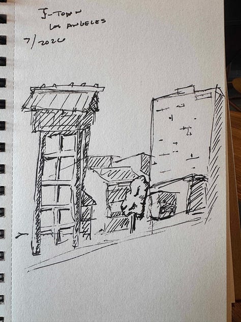 9 different urban sketches in black line by Dave Conrey
