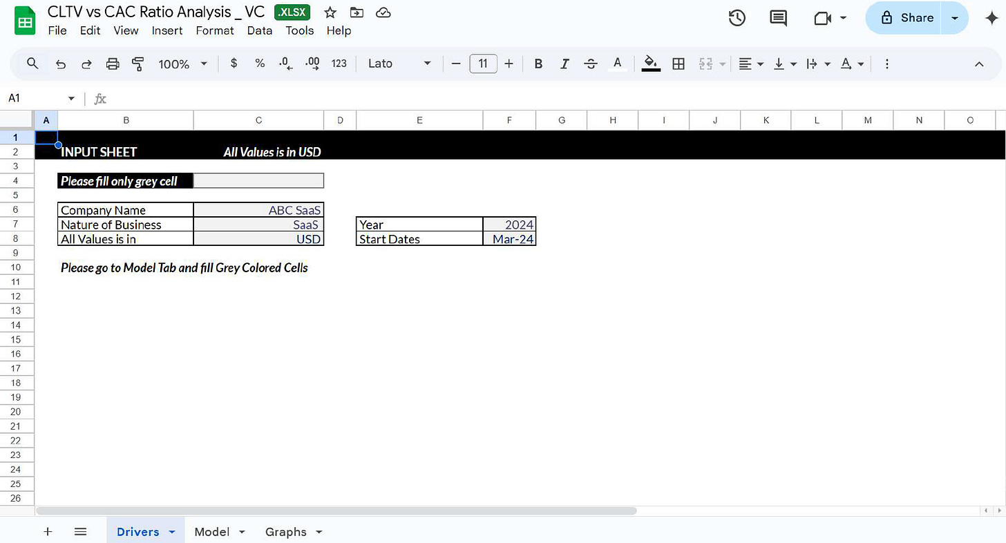 CLTV CAC model drivers input tab screenshot CLTV CAC model drivers input tab screenshot