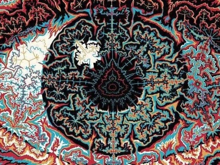 This contains: fractal art, psychedelic art, pattern, art, texture, abstract, decoration, fabric, ornate, silk, rug, batik, handmade, textile, design