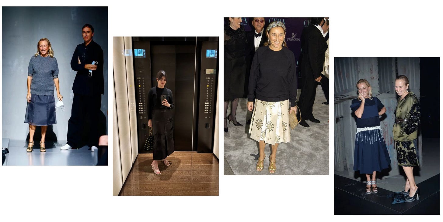 Un montage de différentes images représentant Miuccia Prada et l'auteure de cette newsletter.