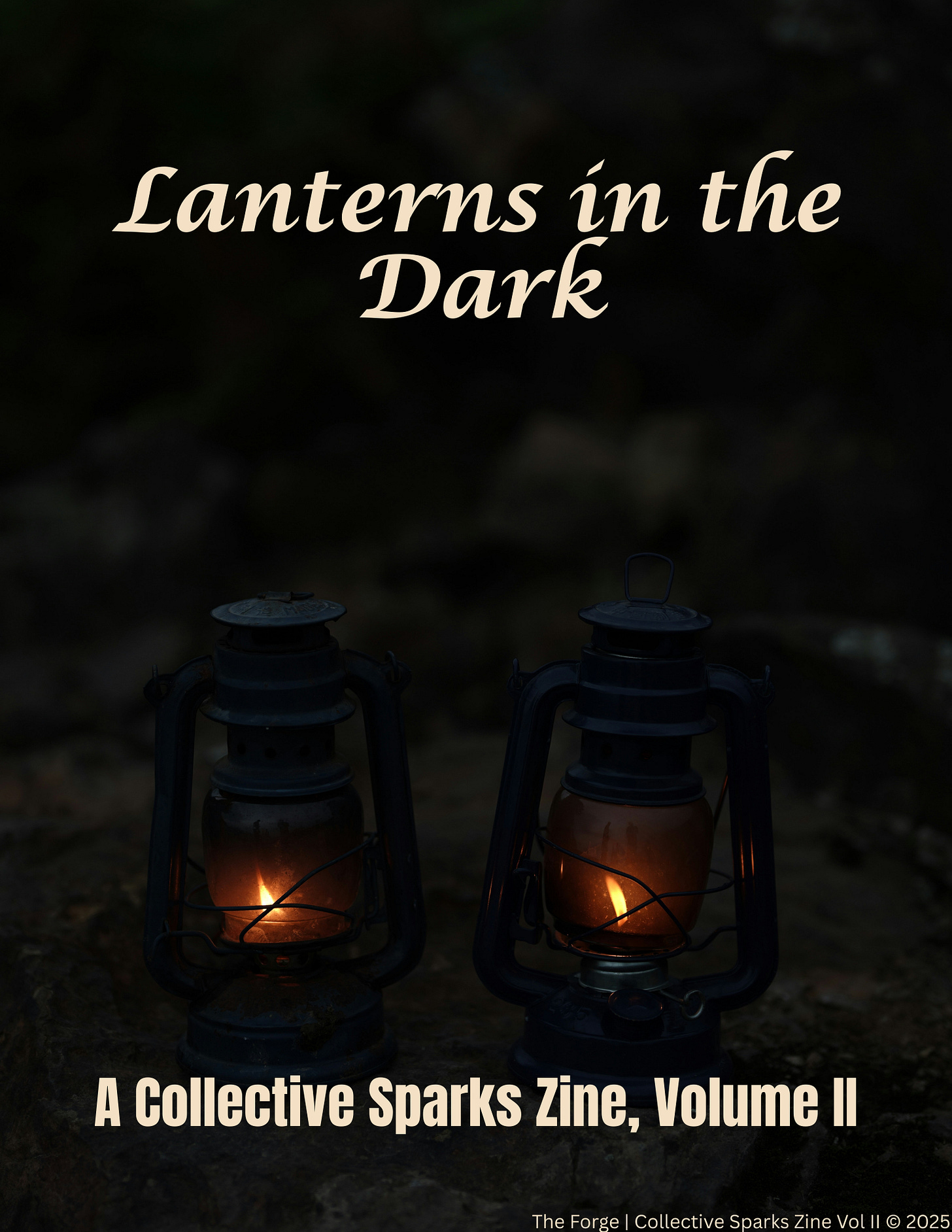 Cover image for Lanterns in the Dark: two vintage lanterns glowing softly in a dark outdoor setting, their warm light cutting through surrounding shadows. The title appears above in serif lettering.