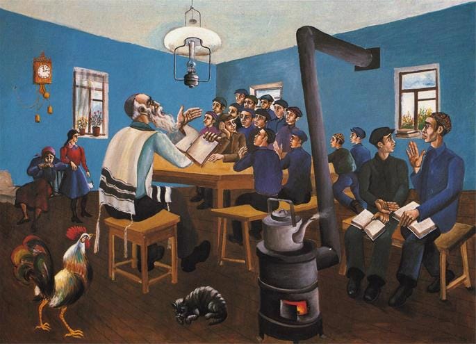 "Cheder" by Chanoch Hendel Lieberman, oil on canvas, 1970s. At a pivotal moment in Lieberman's life, he turned to the Rebbe, Rabbi Menachem M. Schneerson, of righteous memory, to ask whether art and Chassidism could coincide. - Via Zev Markowitz / Chai Art Gallery "Cheder" by Chanoch Hendel Lieberman, oil on canvas, 1970s. At a pivotal moment in Lieberman's life, he turned to the Rebbe, Rabbi Menachem M. Schneerson, of righteous memory, to ask whether art and Chassidism could coincide. - Via Zev Markowitz / Chai Art Gallery