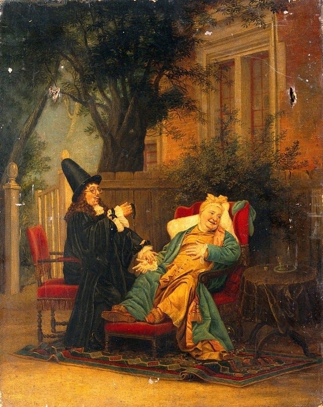 The doctor's surprise. Oil painting after J.G. Vibert.