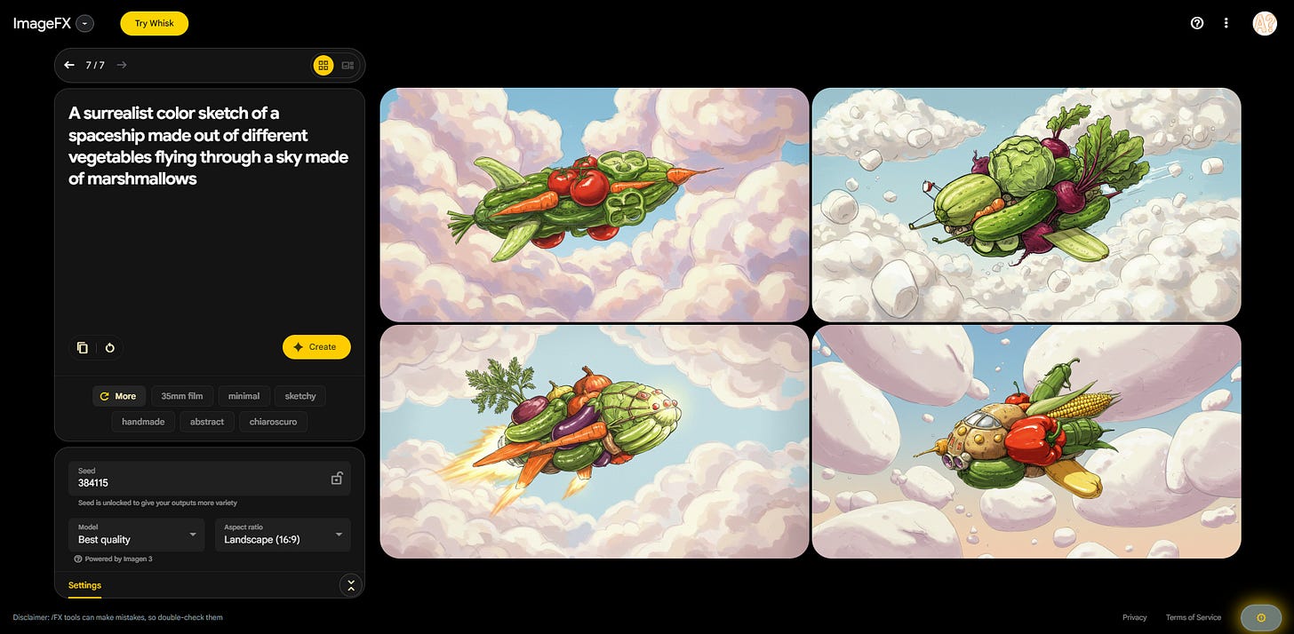 ImageFX images for a surrealist color sketch of a spaceship ade out of vegetables