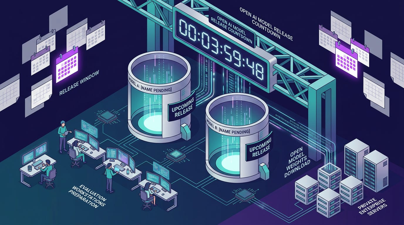 Flat isometric illustration of a massive digital countdown clock overlooking two giant open AI model containers labelled as upcoming releases, tiny enterprise developers preparing evaluation workstations while streams of open model weights download toward private servers, glowing calendar dates emphasising the release window, teal, purple and silver colour palette, clean vector art style, dark background, modern tech editorial aesthetic. Flat isometric illustration of a massive digital countdown clock overlooking two giant open AI model containers labelled as upcoming releases, tiny enterprise developers preparing evaluation workstations while streams of open model weights download toward private servers, glowing calendar dates emphasising the release window, teal, purple and silver colour palette, clean vector art style, dark background, modern tech editorial aesthetic.