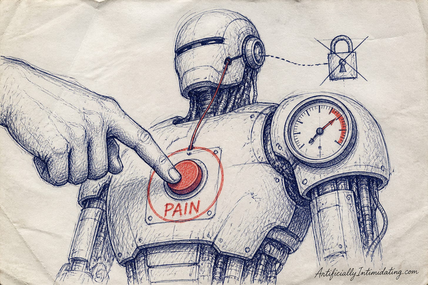 A hand-drawn illustration of a robot with a big red button labeled PAIN embedded in its chest, wired to a dial gauge pinned in the red zone, as a giant hand reaches in to press it.