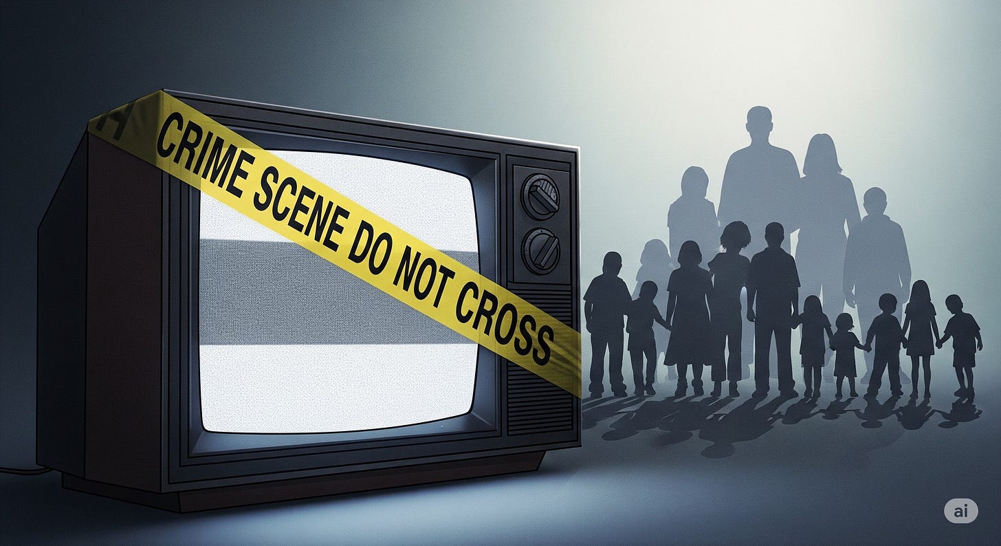 Horizontal AI‑generated illustration of an old TV wrapped in yellow crime‑scene tape. Behind it, silhouettes of families holding hands represent community strength against sensational crime coverage. Horizontal AI‑generated illustration of an old TV wrapped in yellow crime‑scene tape. Behind it, silhouettes of families holding hands represent community strength against sensational crime coverage.