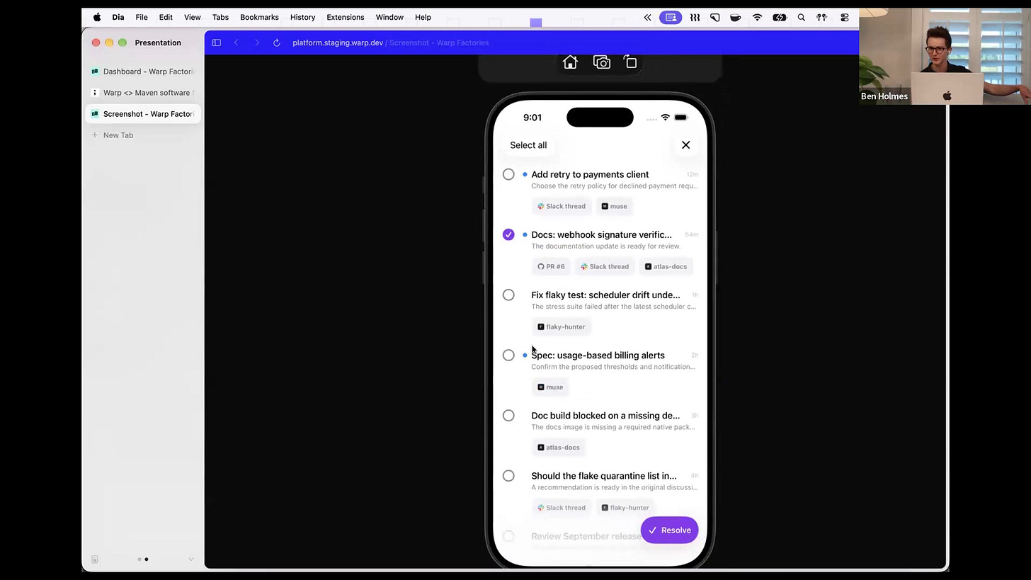 An iPhone simulator screenshot of the app’s issue list, shown as an artefact from a Warp factory task. An iPhone simulator screenshot of the app’s issue list, shown as an artefact from a Warp factory task.