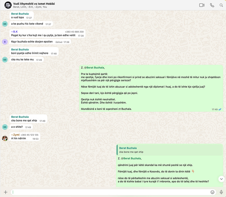 When asked directly, as a parent, whether he would distance himself from a figure facing allegations involving minors, Berat Buzhala responded not with answers but with laughter emojis, publicly signalling contempt rather than responsibility.