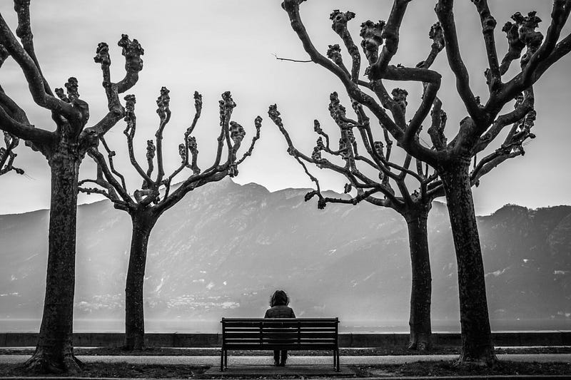 A black and white photo of a woman sitting on bench alone, looking at mountaints and surrounded by trees