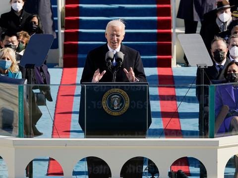 US President Joe Biden delivers his Inauguration speech after being sworn in as the 46th US President on January 20, 2021, at the US Capitol in Washington, DC. (Photo by Patrick Semansky / POOL / AFP) US President Joe Biden delivers his Inauguration speech after being sworn in as the 46th US President on January 20, 2021, at the US Capitol in Washington, DC. (Photo by Patrick Semansky / POOL / AFP)