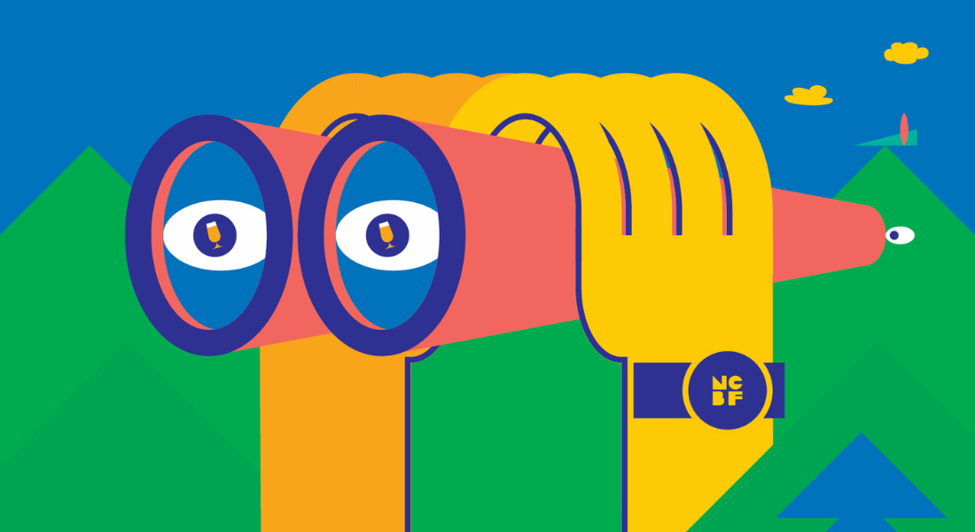 An artwork with a yellow pair of hands holding binoculars with beer icons in the eyes