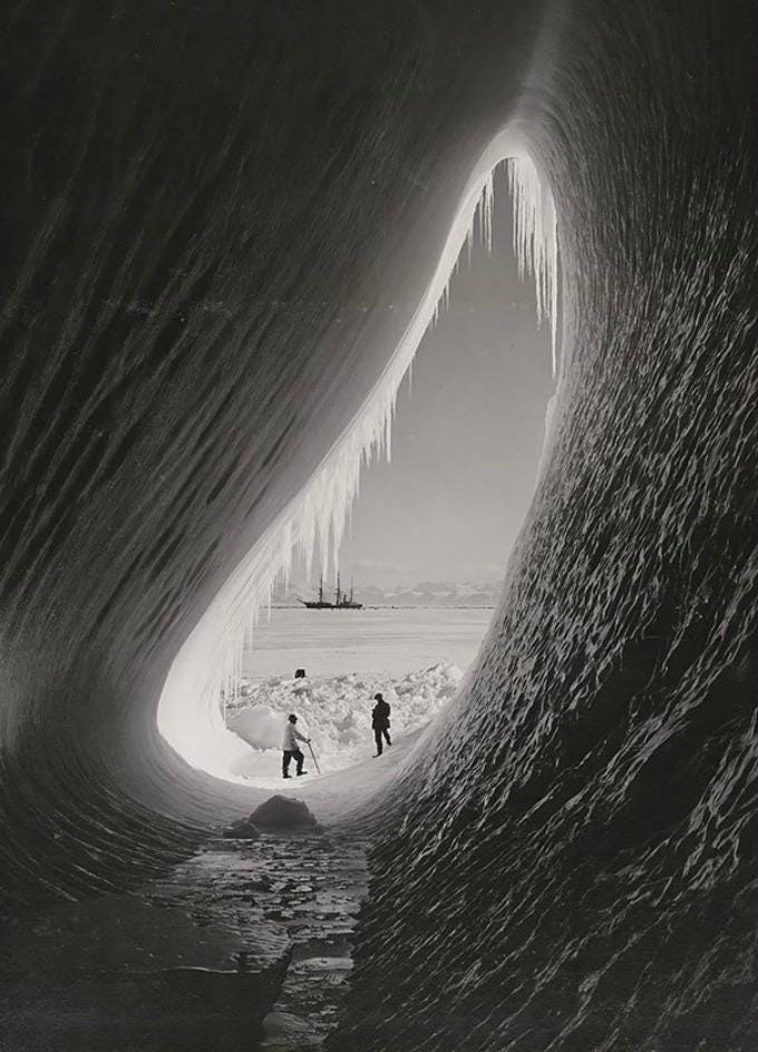 A stunning ice cave discovered during the British Antarctic expedition, January 5, 1911.