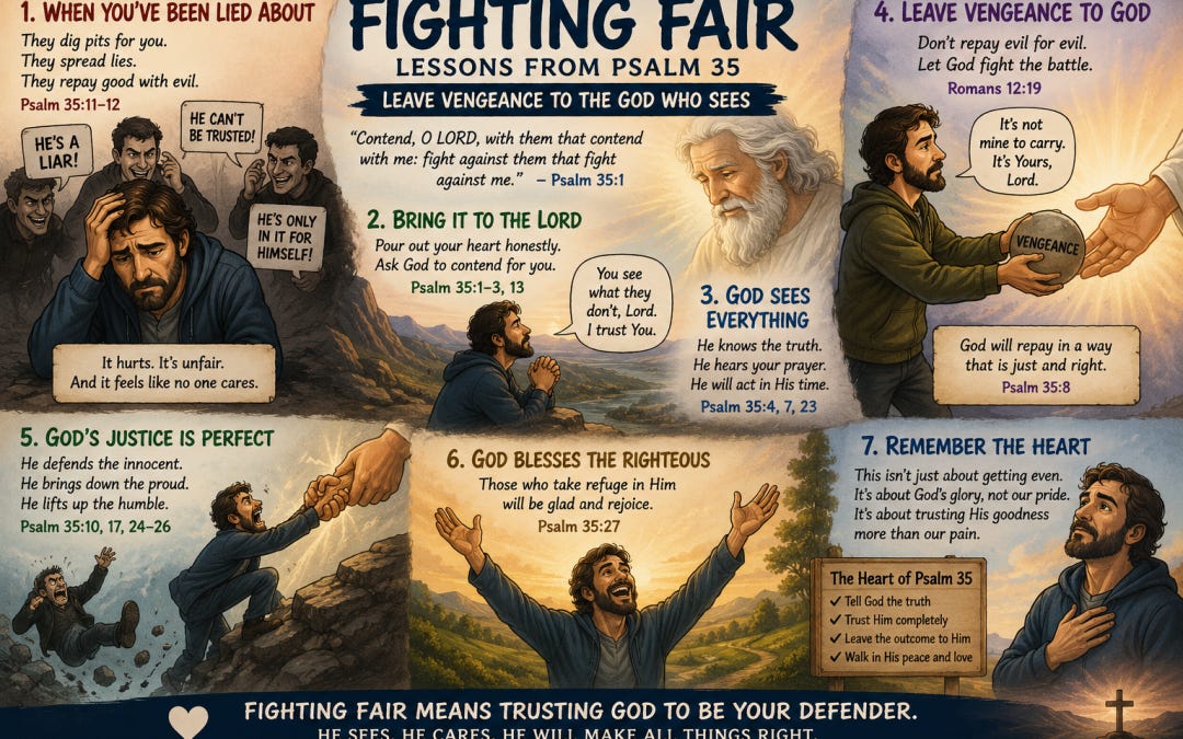 Cartoon infographic illustrating Psalm 35 with scenes of a believer facing false accusations, bringing the hurt to God, leaving vengeance in His hands, trusting God's justice, and resting in Christ's finished victory. The image emphasizes that God is our defender and that our vindication is already secure in Him.